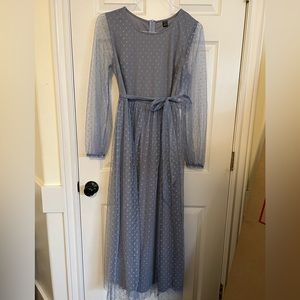 SHEIN dobby mesh bishop sleeve belted maxi dress